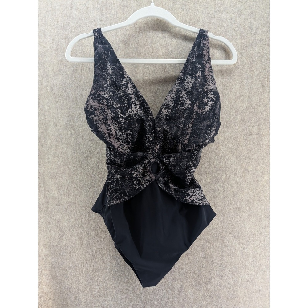 Amoressa Siddhartha One Piece Swimsuit Black Metallic Foil V-Neck Size 10
